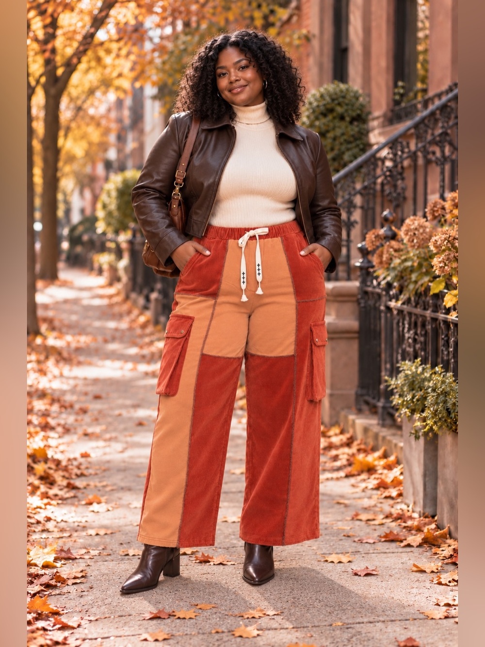 POL Wide Leg Patchwork Elastic Waist Cargo Pants Corduroy Pants - Rust Size L